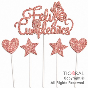 CAKE TOPPER FELIZ CUMPLEA�OS CON ESTRELLAS Y CORAZONES GIBRE ROSA GOLD